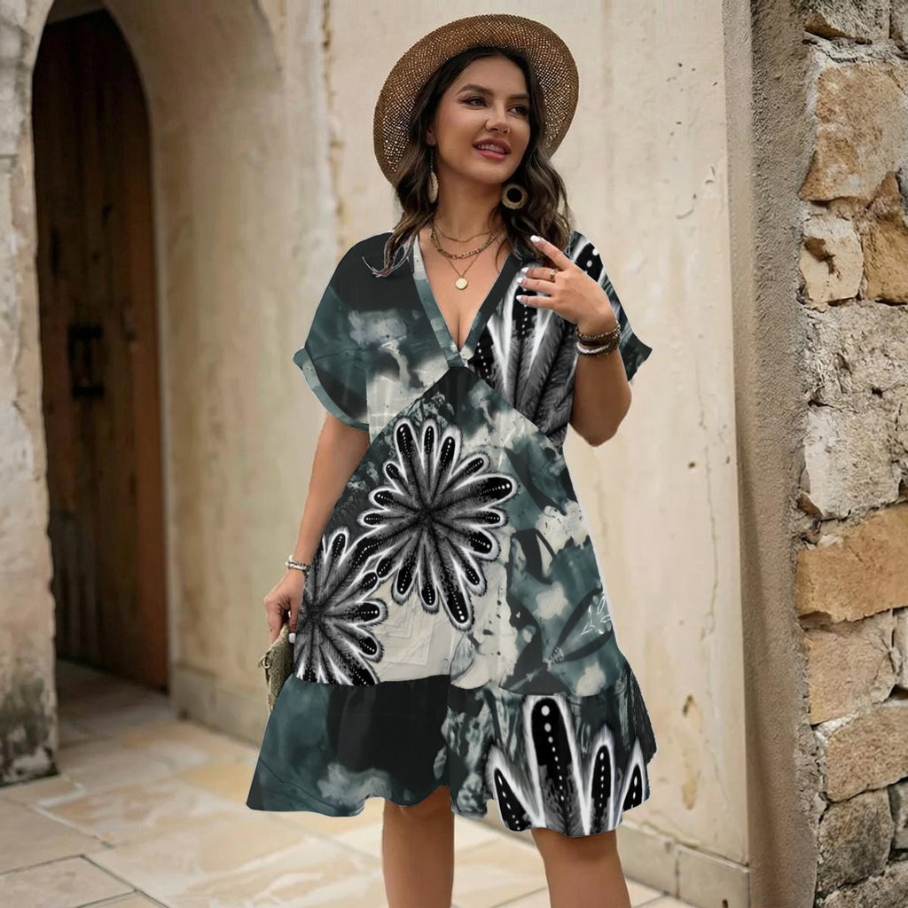 All-Over Print Women’s Floral V-Neck Short Sleeve Dress