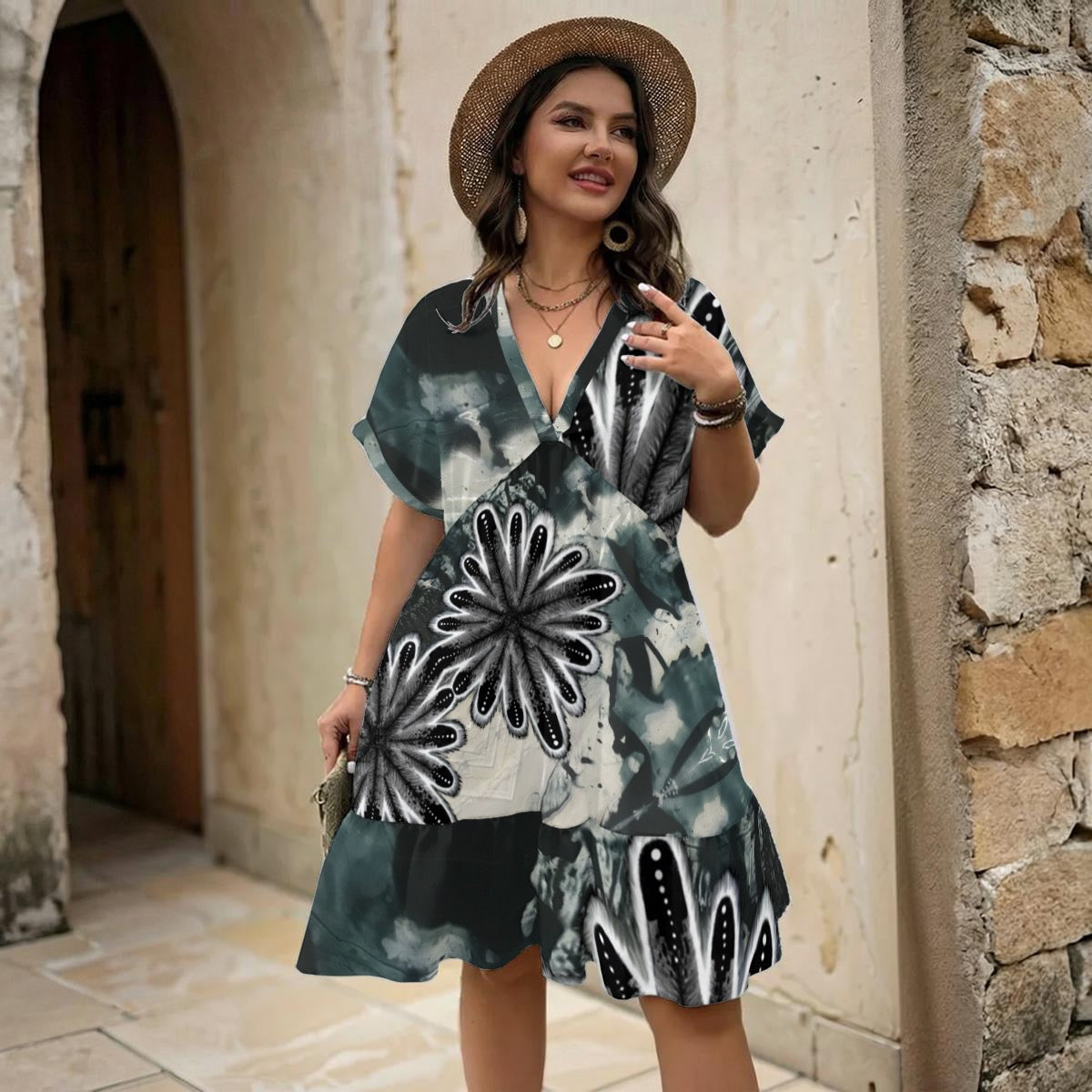 All-Over Print Women’s Floral V-Neck Short Sleeve Dress