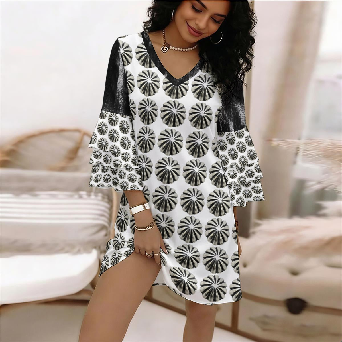 All-Over Print Women's Stacked Ruffle Sleeve Dress