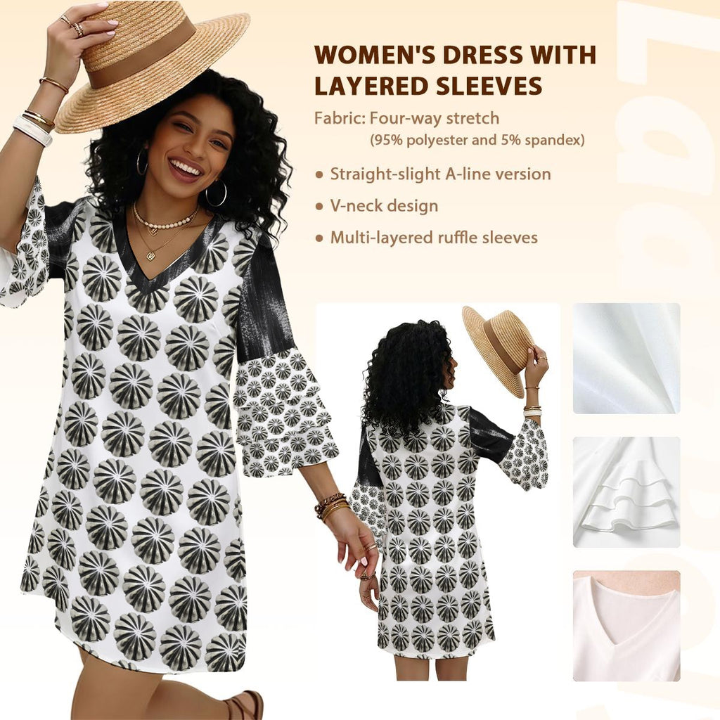 All-Over Print Women's Stacked Ruffle Sleeve Dress