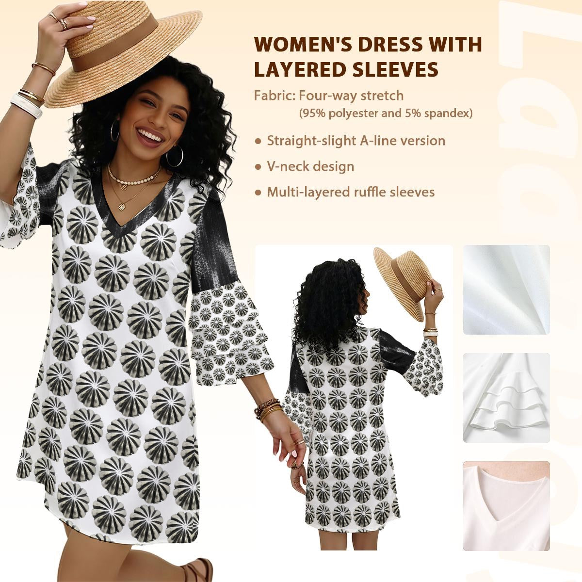 All-Over Print Women's Stacked Ruffle Sleeve Dress