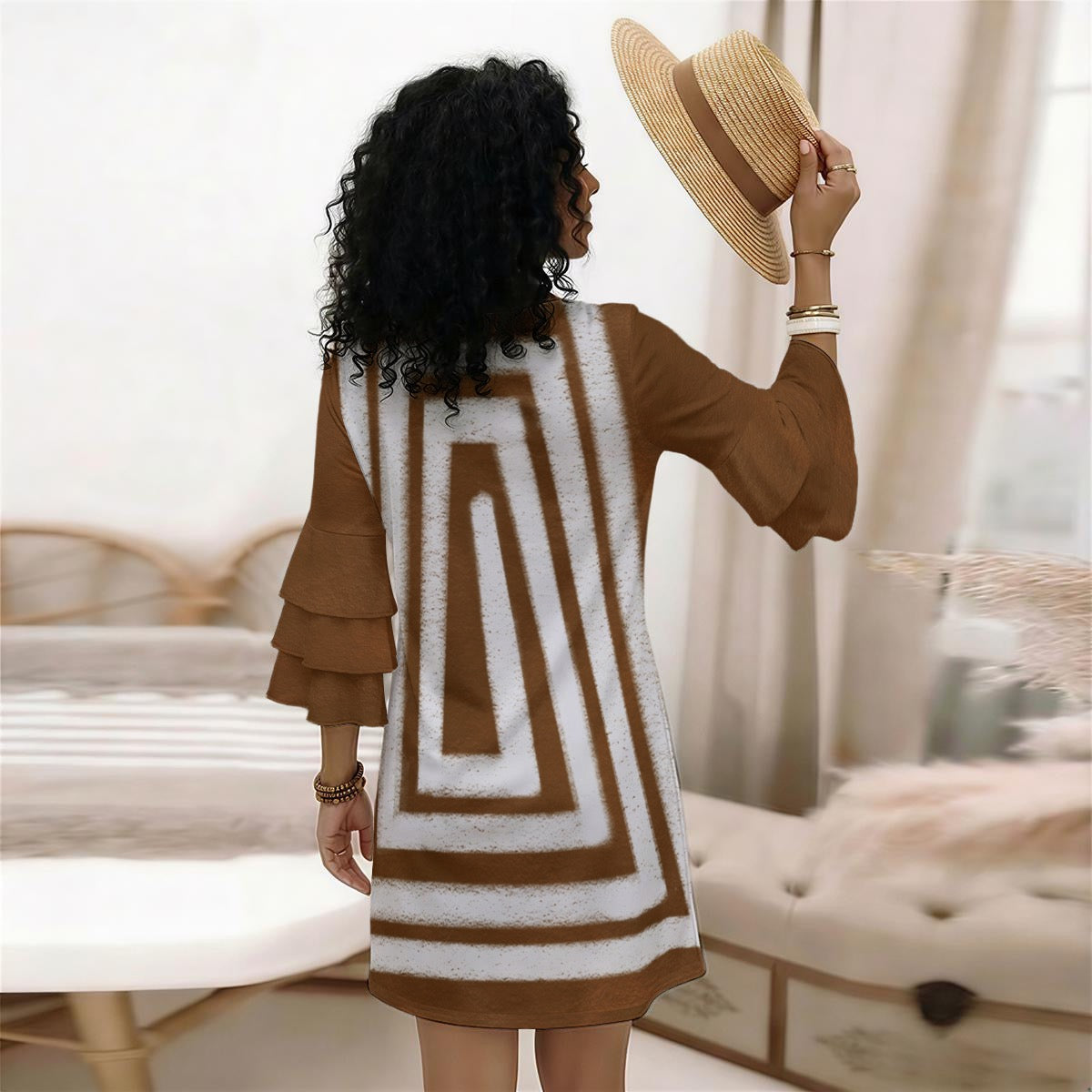 All-Over Print Women's Stacked Ruffle Sleeve Dress
