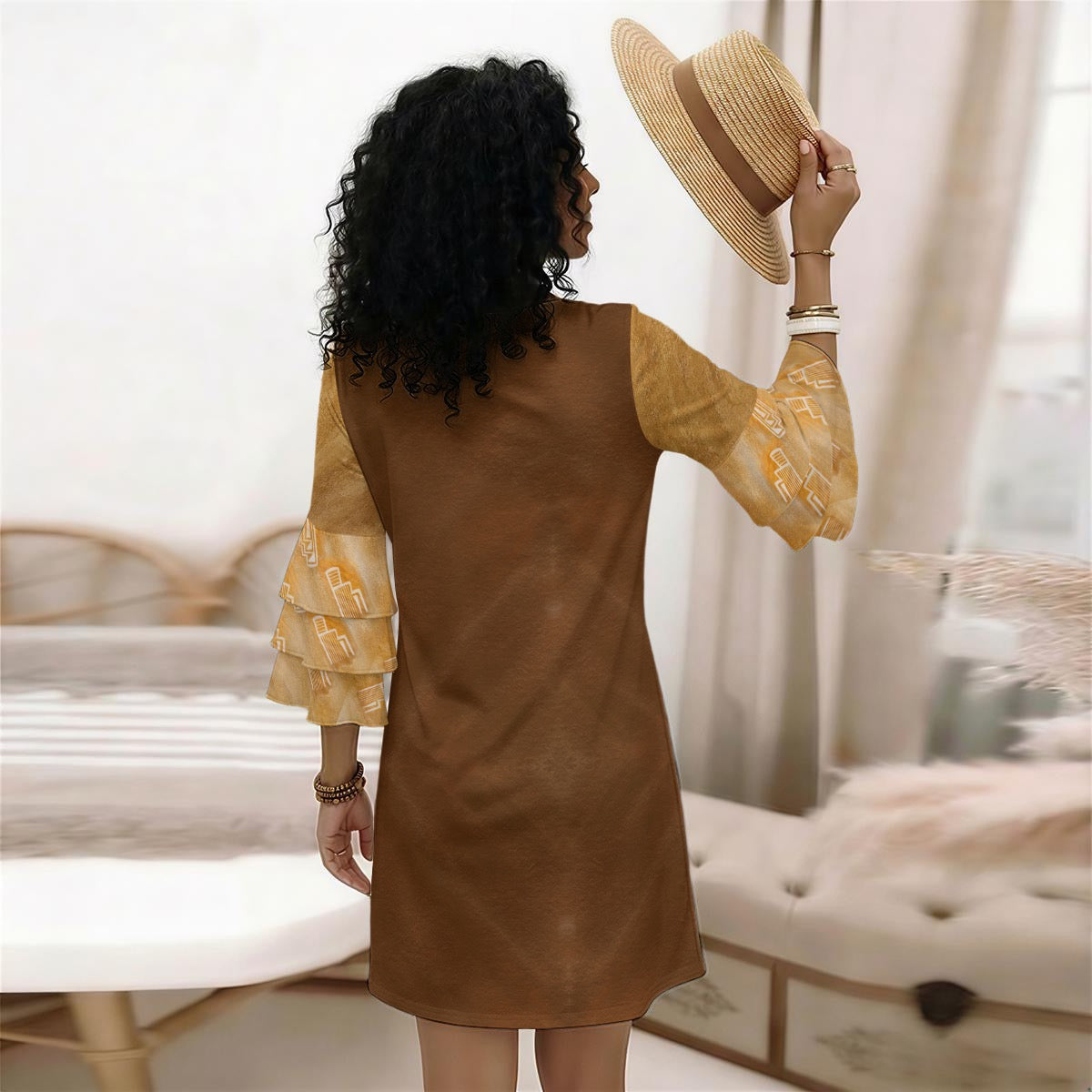 All-Over Print Women's Stacked Ruffle Sleeve Dress