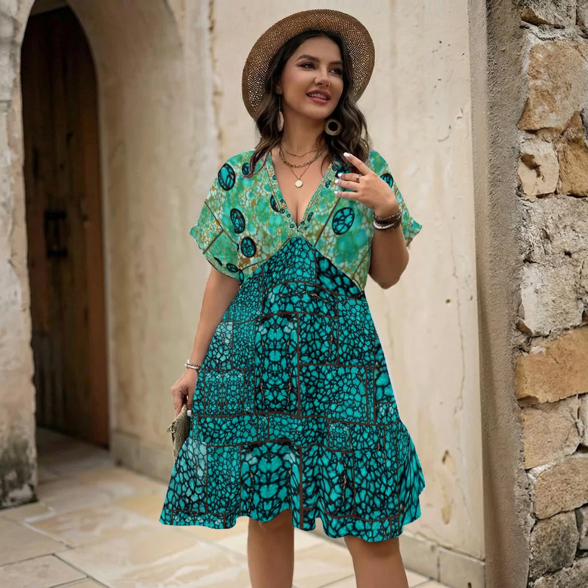 All-Over Print Women’s Floral V-Neck Short Sleeve Dress