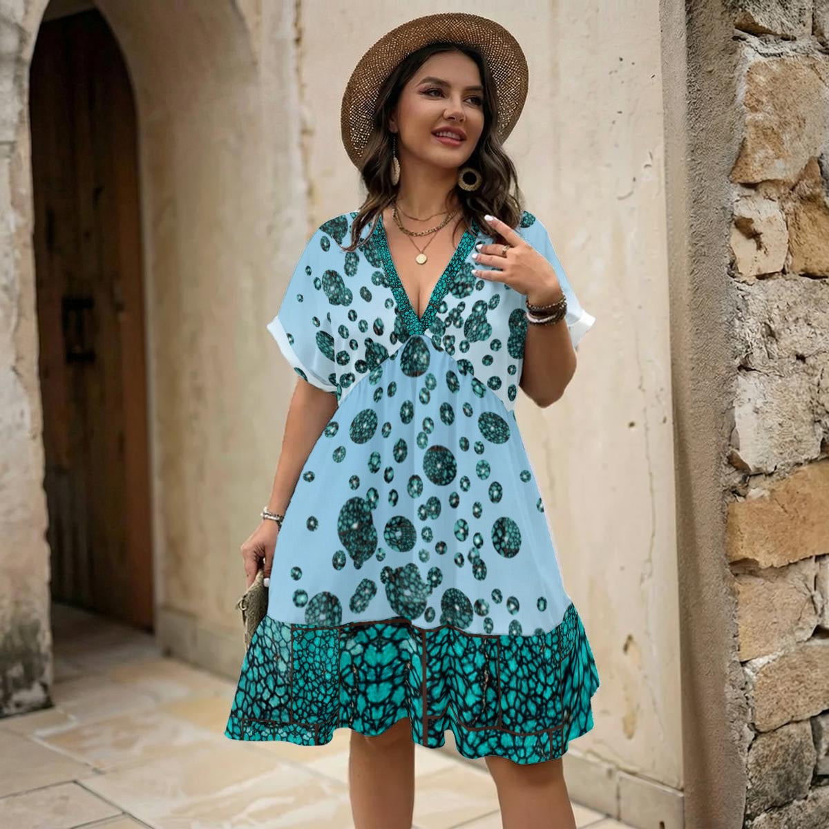 All-Over Print Women’s Floral V-Neck Short Sleeve Dress
