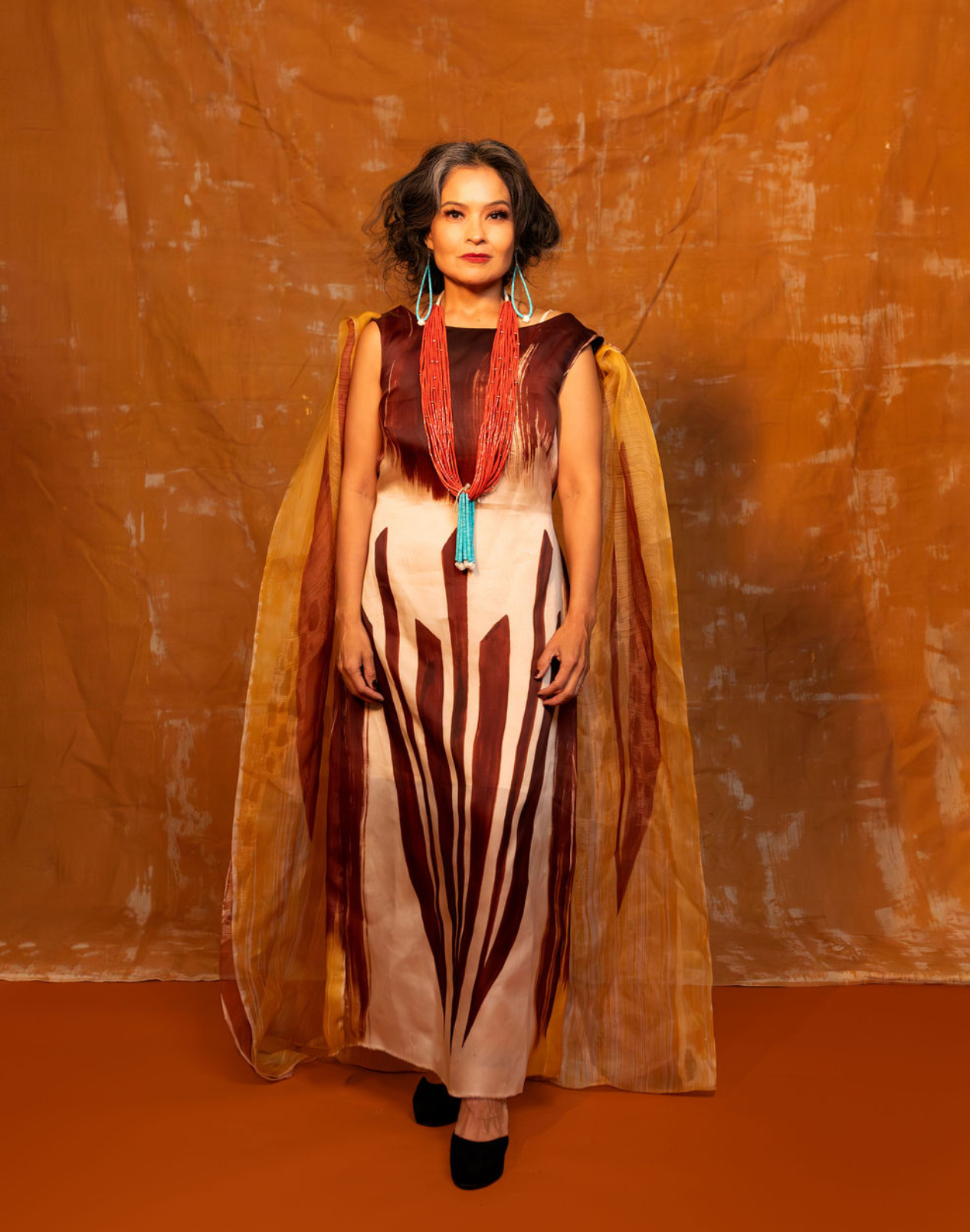 Golden Eagle Tip Feathers” Hand-Painted Silk Dress – Patricia Michaels