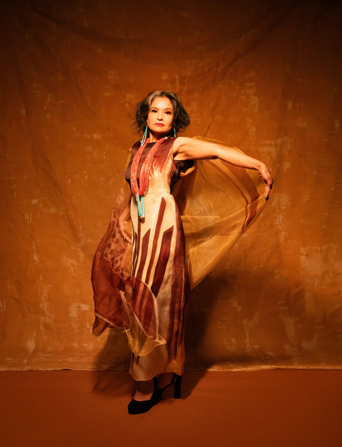 Golden Eagle Tip Feathers” Hand-Painted Silk Dress – Patricia Michaels