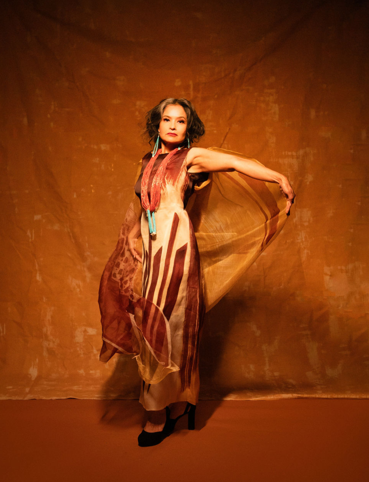 “Golden Eagle Tip Feathers” Hand-Painted Silk Dress